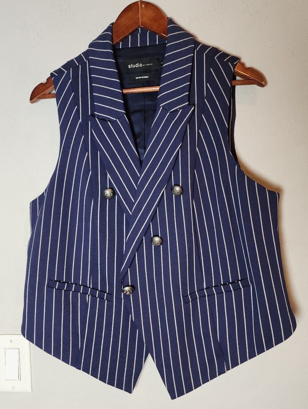Torrid Studio Ponte Buttoned Tailored Suit Vest Navy Blue White Pinstripe 2X